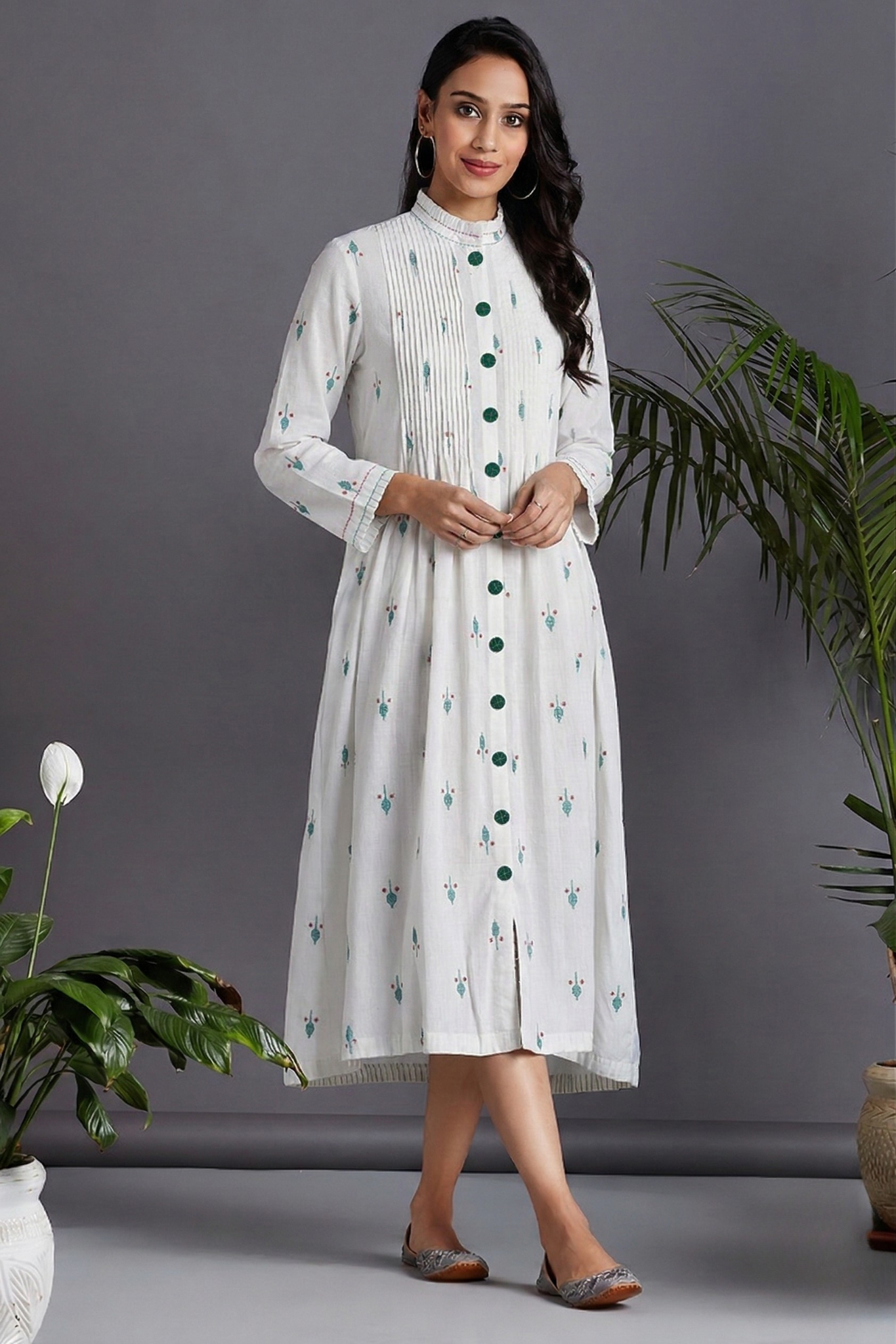 White_Leaf_Sprinkle_Cotton_Pintuck_Pleated_Button_Down_Dress