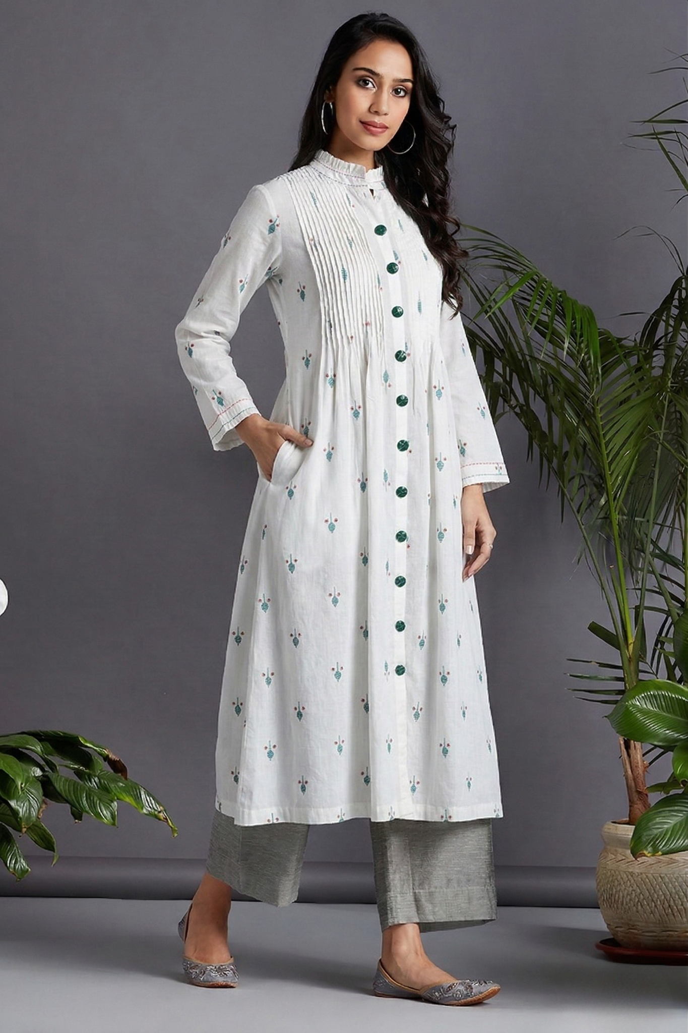 White_Leaf_Sprinkle_Cotton_Pintuck_Pleated_Button_Down_Dress
