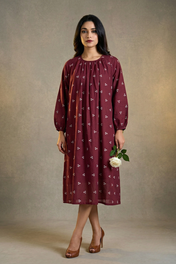 Cinnamon Motifs Cotton Midi Gather Dress