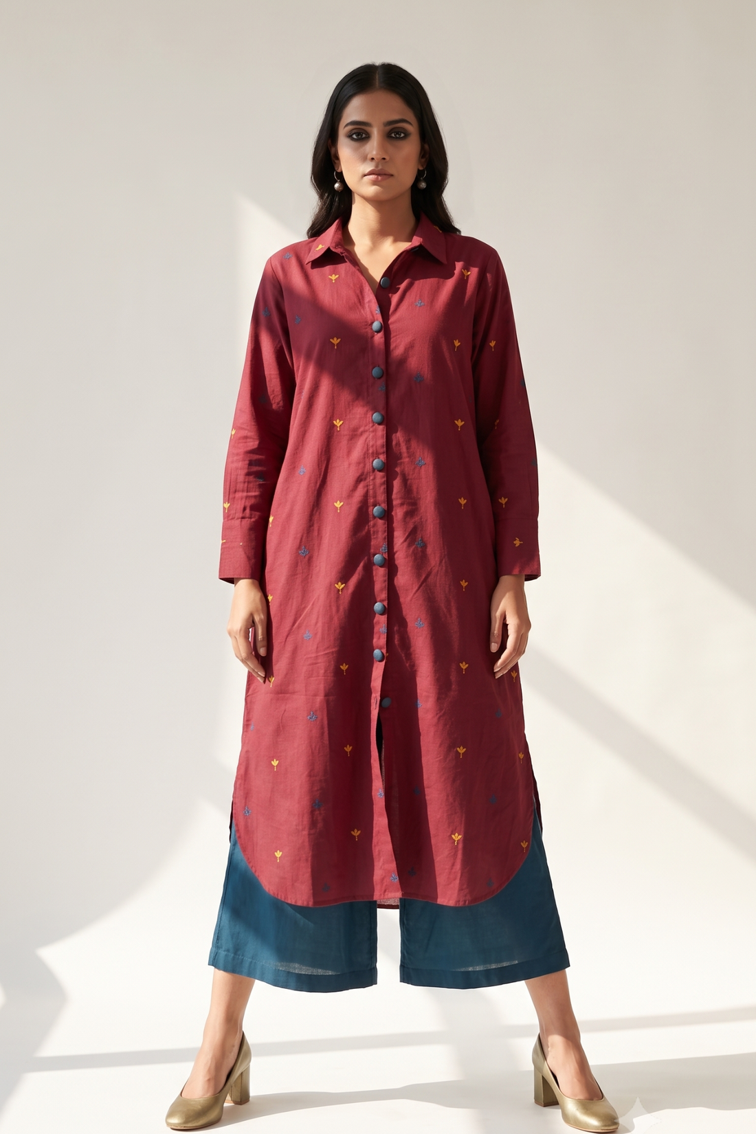 Wine_Bloom_Long_Cotton_Shirt_Dress