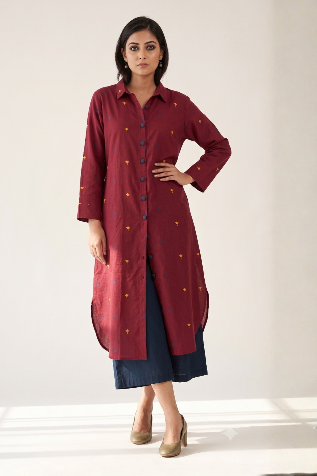 Wine_Bloom_Long_Cotton_Shirt_Dress