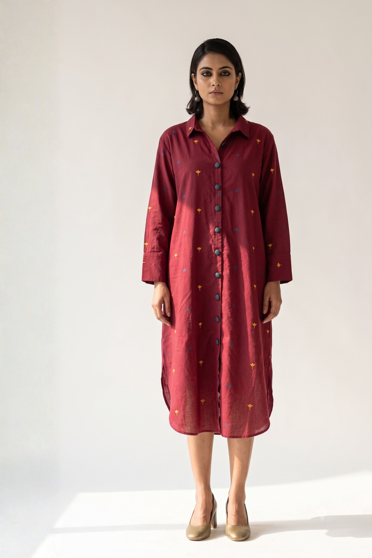 Wine_Bloom_Long_Cotton_Shirt_Dress