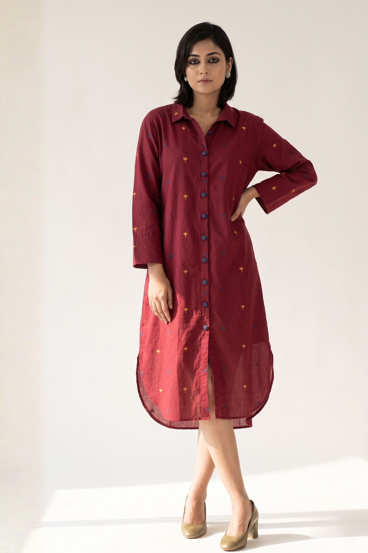 Wine_Bloom_Long_Cotton_Shirt_Dress