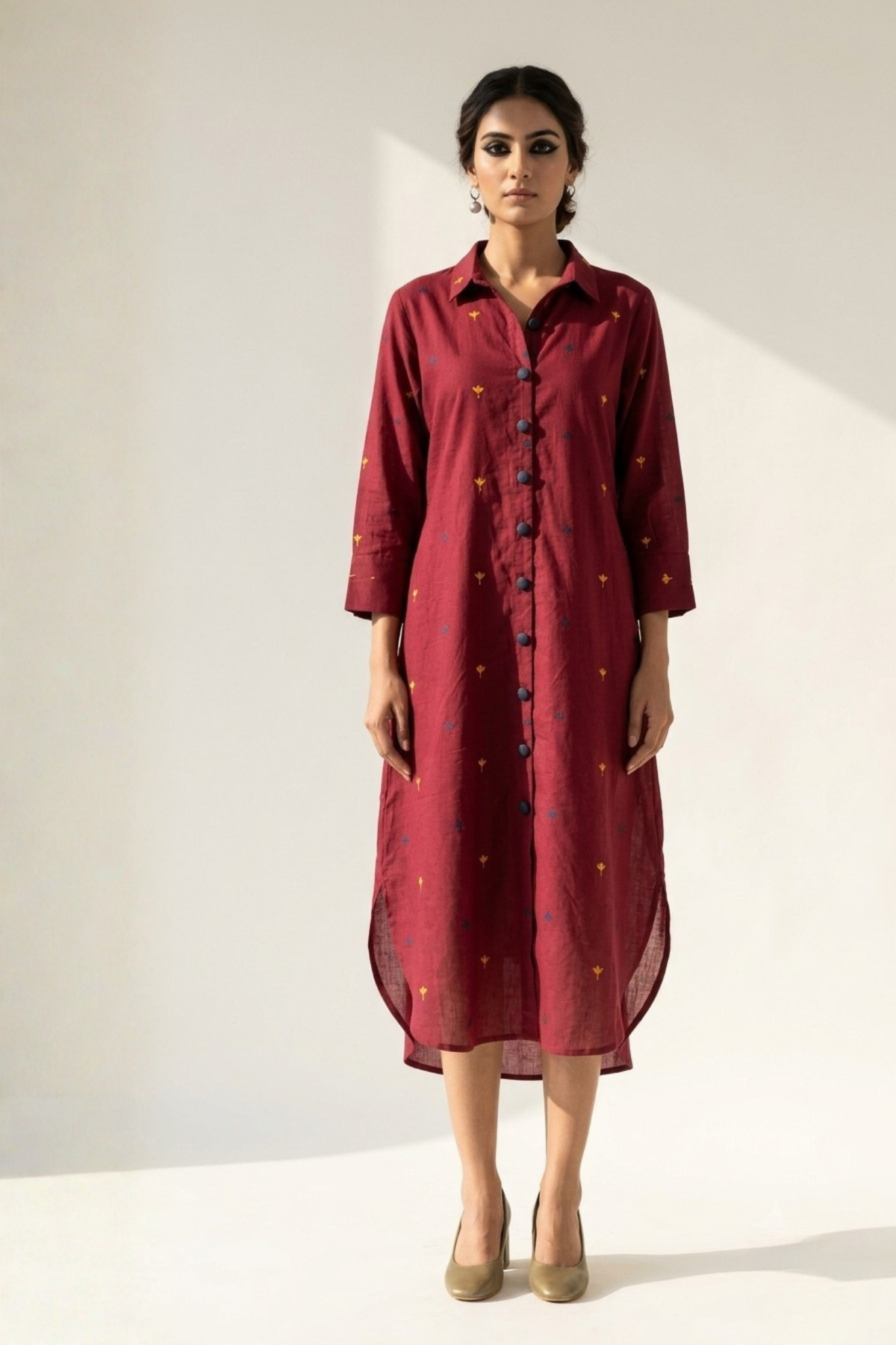 Wine_Bloom_Long_Cotton_Shirt_Dress