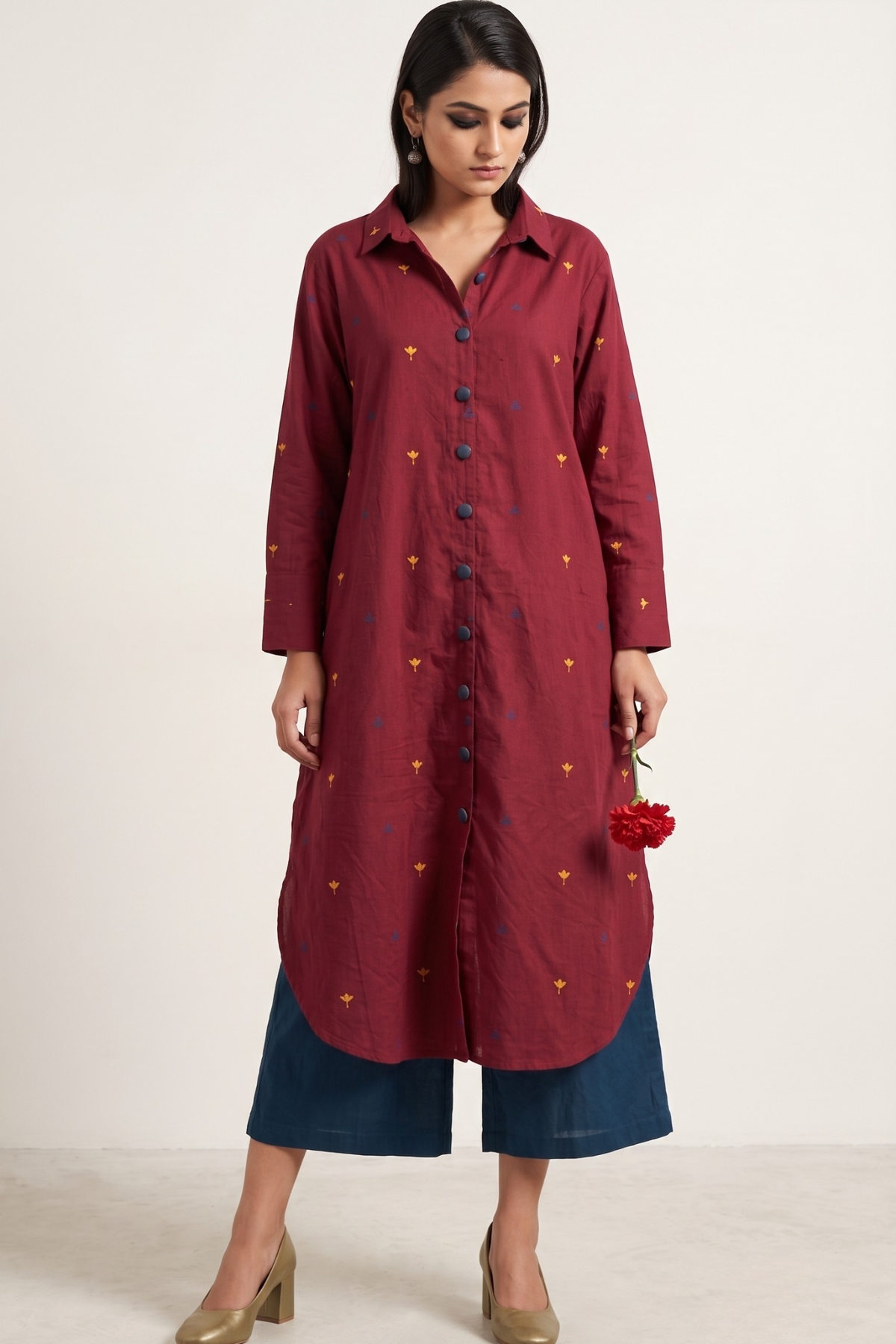 Wine_Bloom_Long_Cotton_Shirt_Dress
