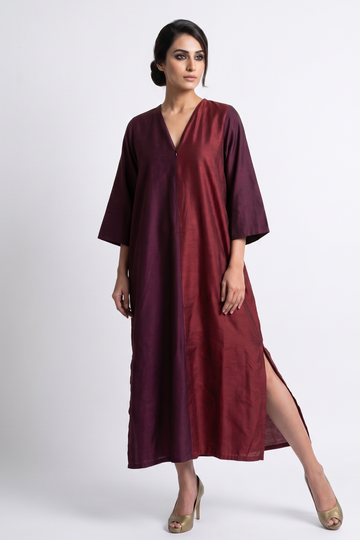 Wine Duo Front Zipper A-line Silk Slub Kurta
