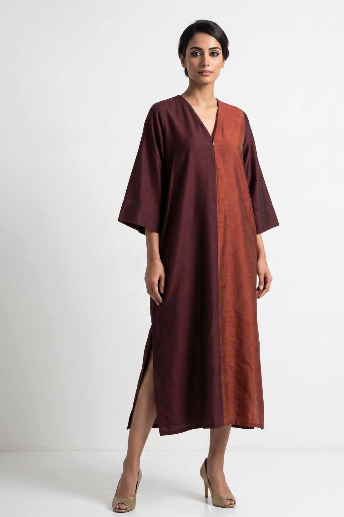 Wine Duo Front Zipper A-line Silk Slub Kurta