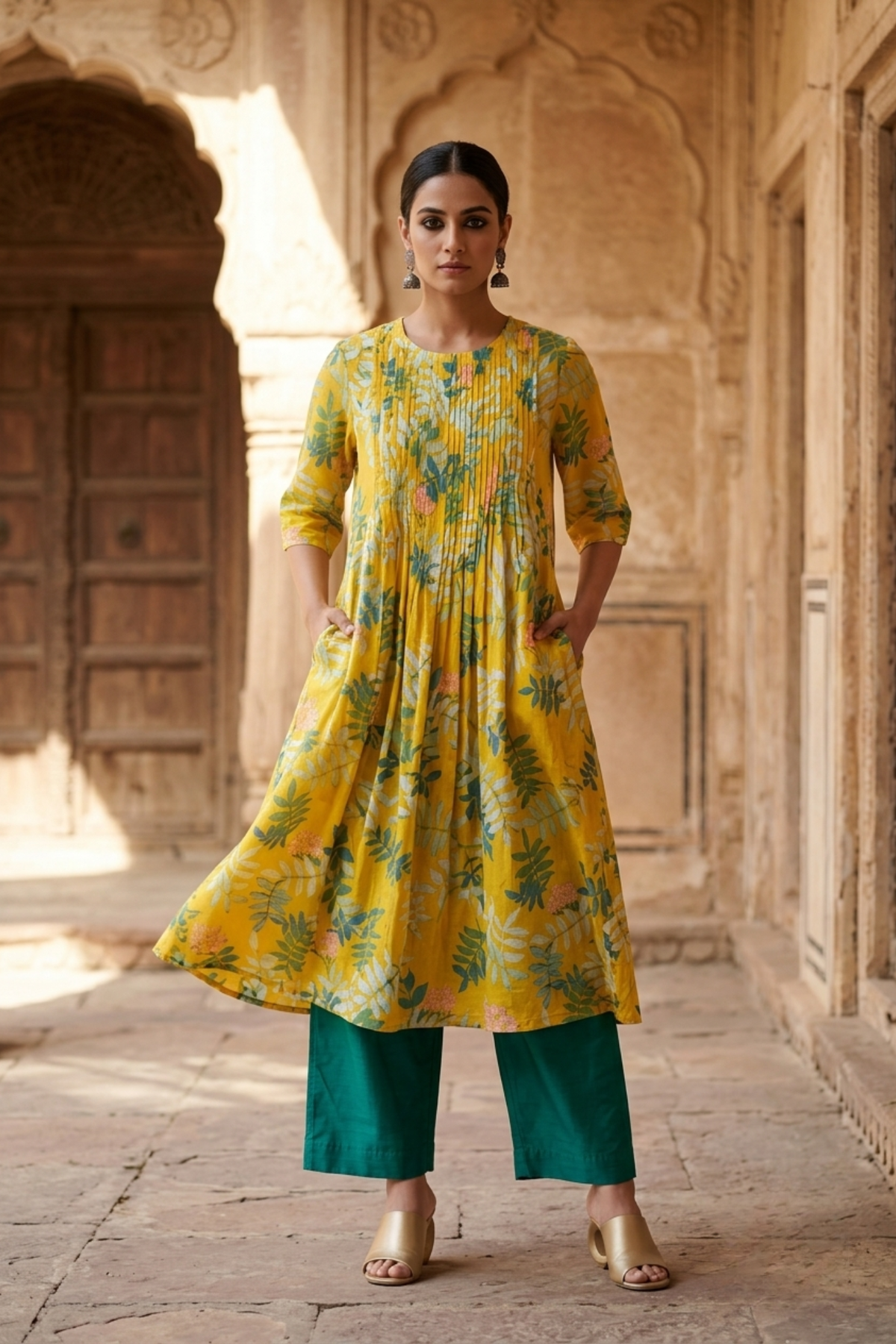 Yellow_Floral_Cotton_Pintuck_Kurta
