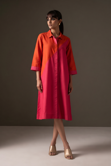 Zesty_OrangePink_Blush_Cotton_silk_cross_shirt_dress