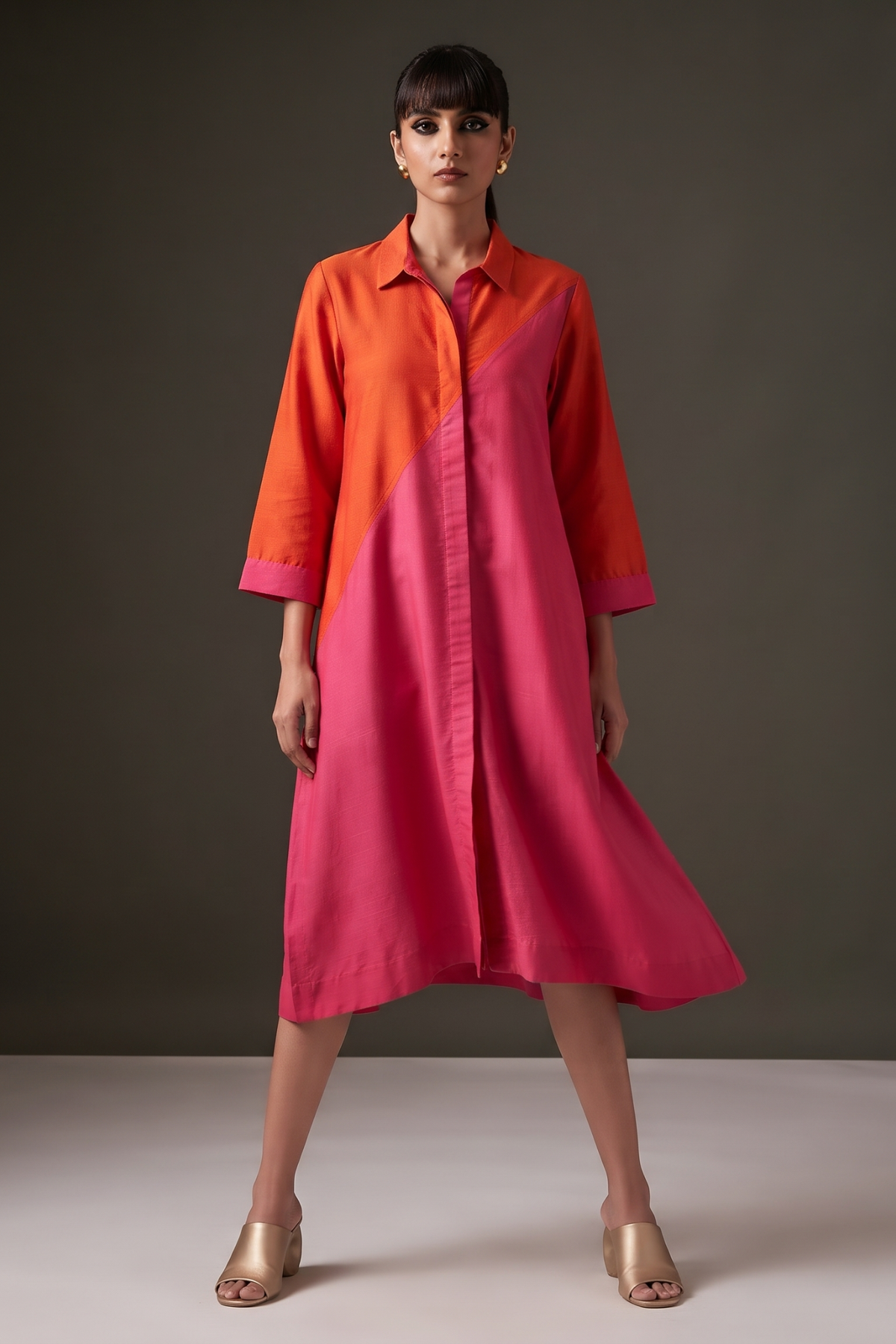 Zesty_OrangePink_Blush_Cotton_silk_cross_shirt_dress
