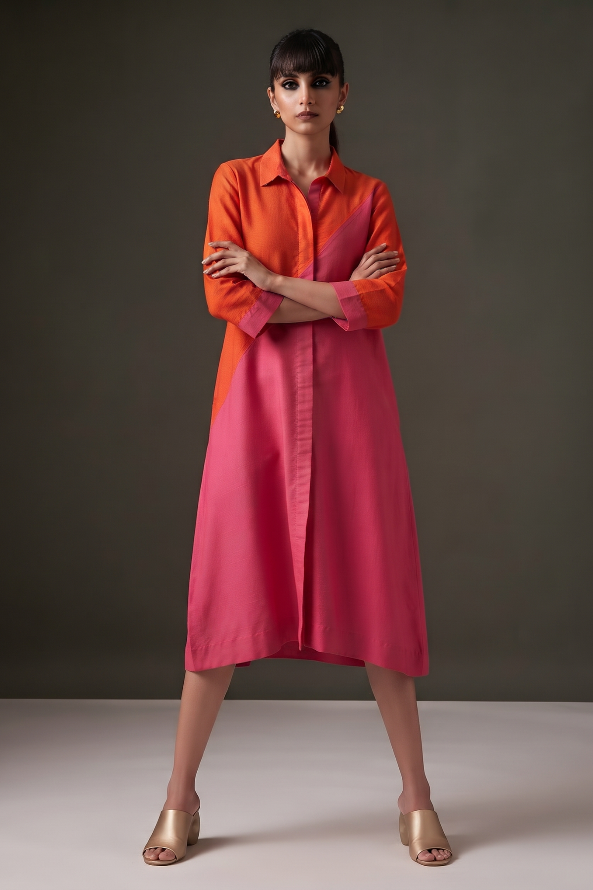 Zesty_OrangePink_Blush_Cotton_silk_cross_shirt_dress
