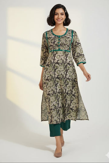 pintuck yoke kalidar slit kurta - mystic noir & enchanted forest