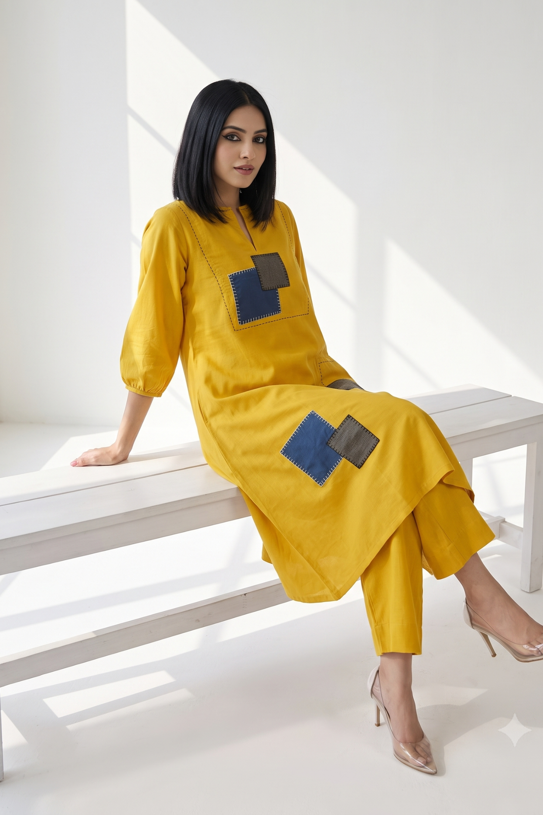 long_yoke_kurta_with_patch_pocket_-_Golden_Twilight__Azure_Slate_Checks