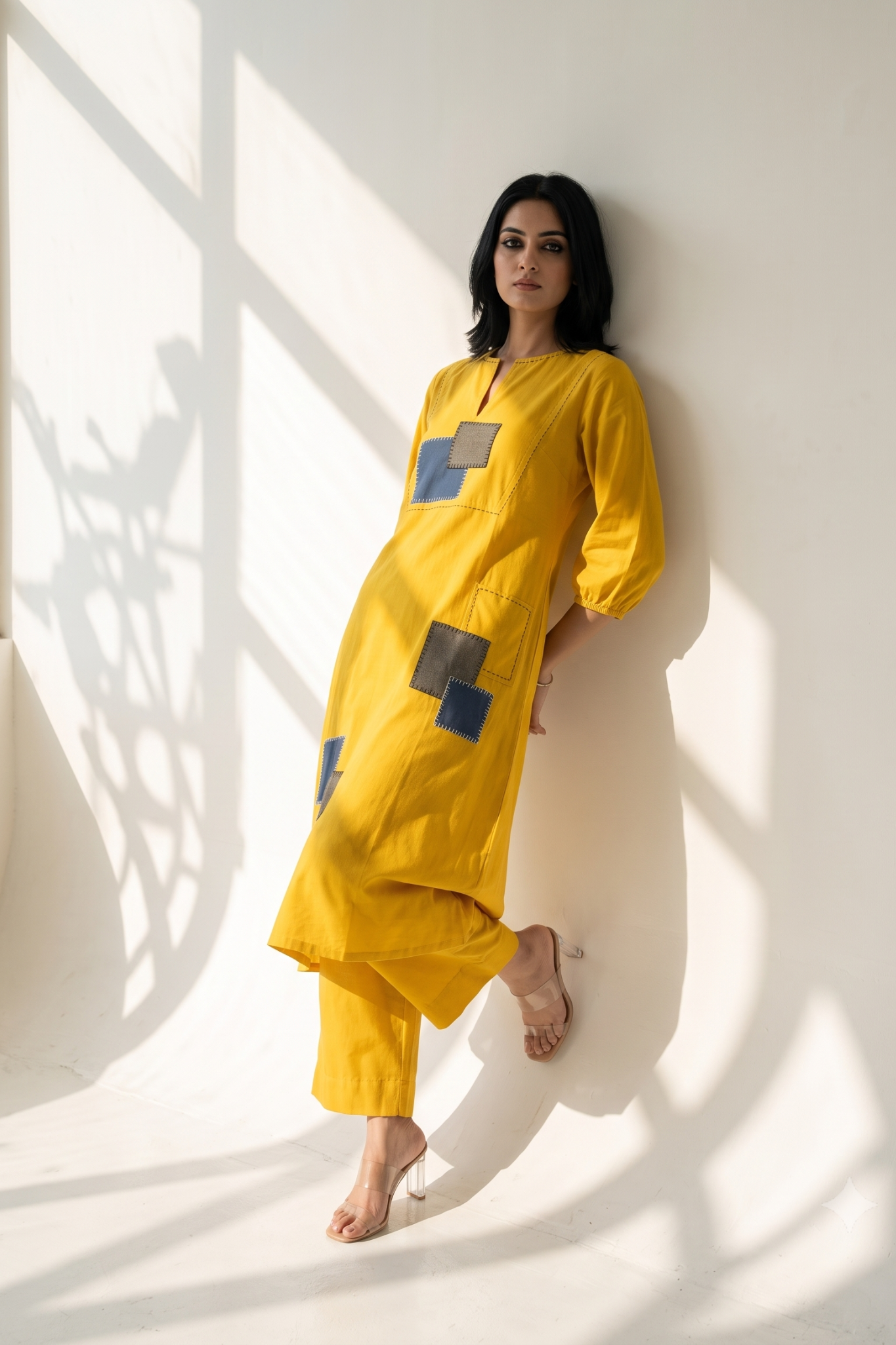 long_yoke_kurta_with_patch_pocket_-_Golden_Twilight__Azure_Slate_Checks