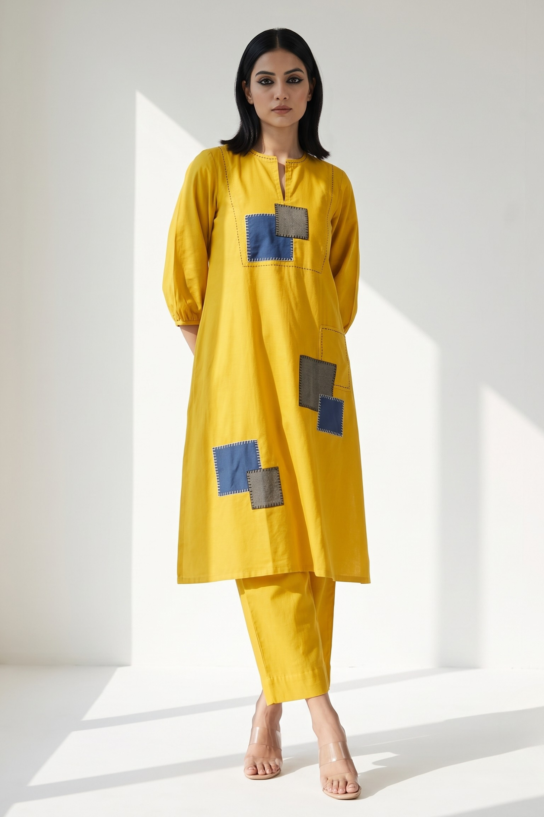 long_yoke_kurta_with_patch_pocket_-_Golden_Twilight__Azure_Slate_Checks