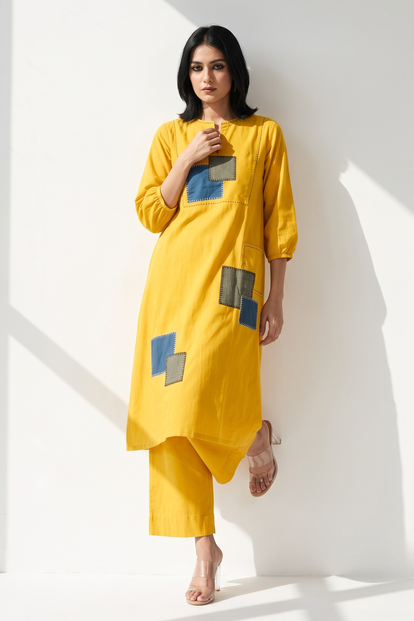 long_yoke_kurta_with_patch_pocket_-_Golden_Twilight__Azure_Slate_Checks