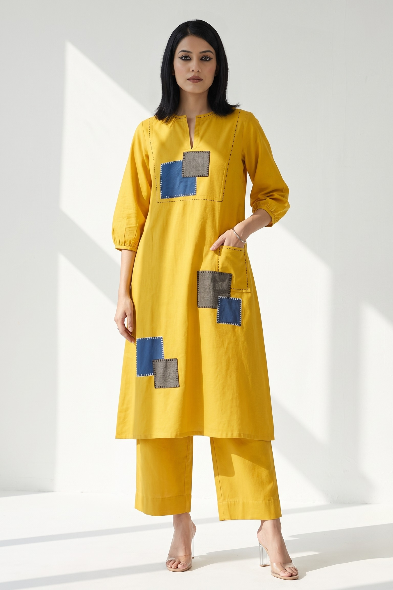 long_yoke_kurta_with_patch_pocket_-_Golden_Twilight__Azure_Slate_Checks