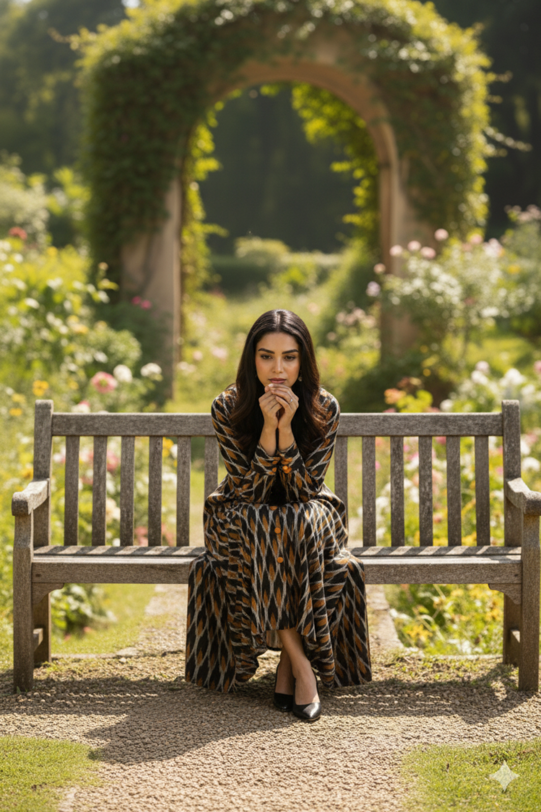 Flared Bias Panel Dress In Black Mustard Red Ikat by Maati Crafts