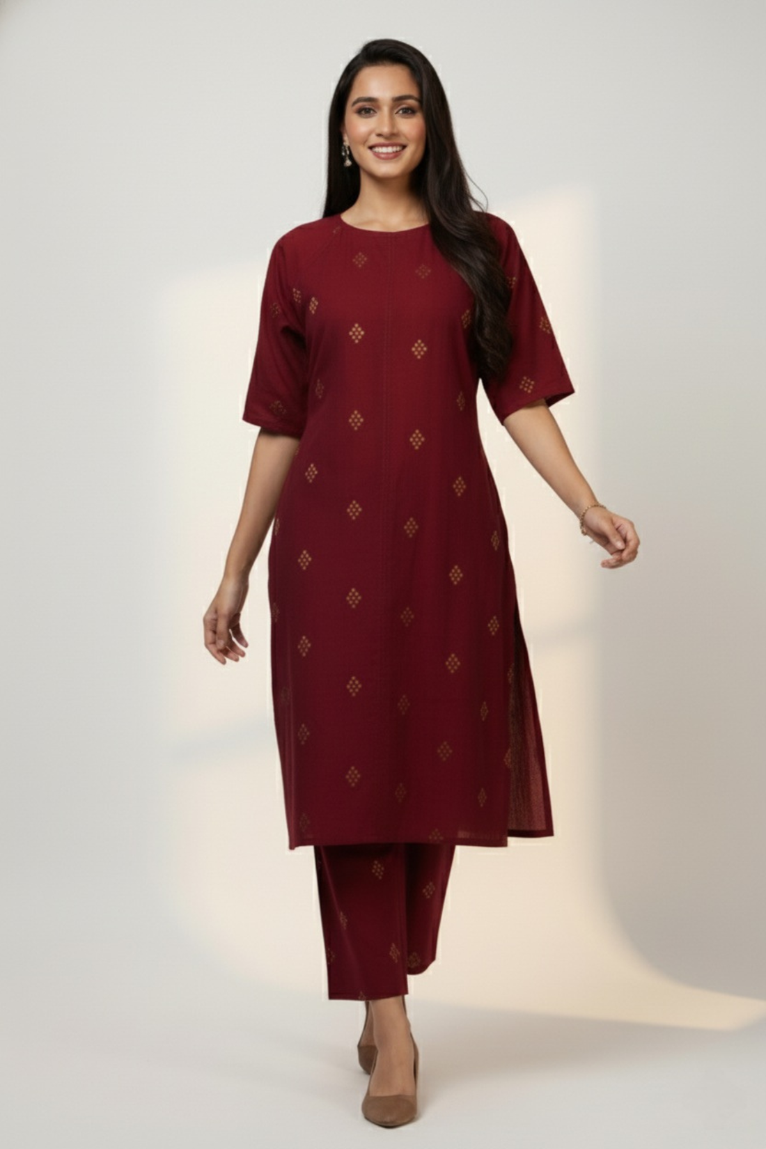 raglan sleeve tunic kurta with pockets - royal garnet and gilded opulence