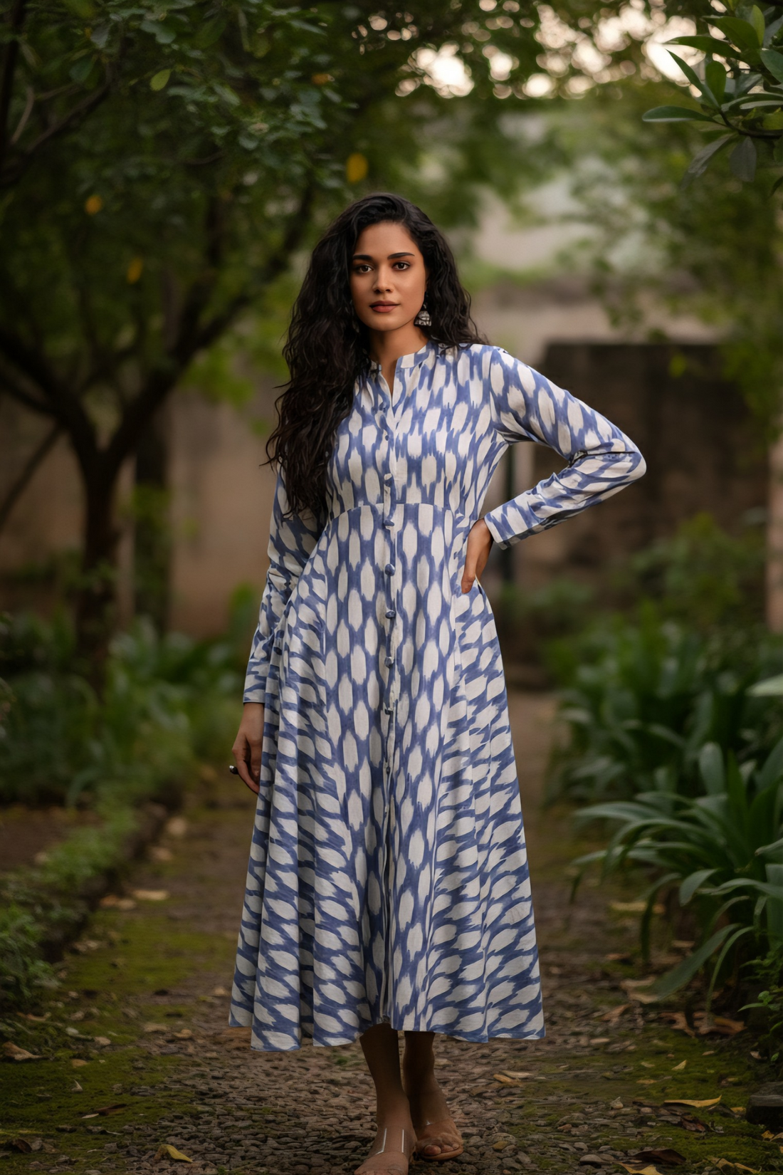 Flared Bias Panel Dress In Blue White Ikat by Maati Crafts