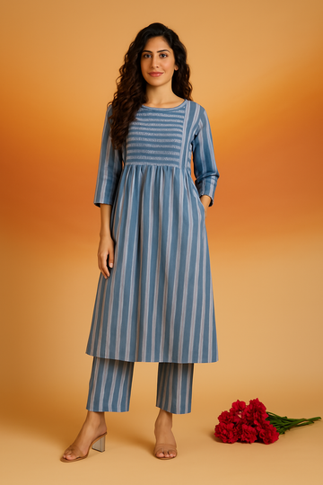 Co-ord Set Stormlight Stripes Smocked Yoke Kurta & Pants