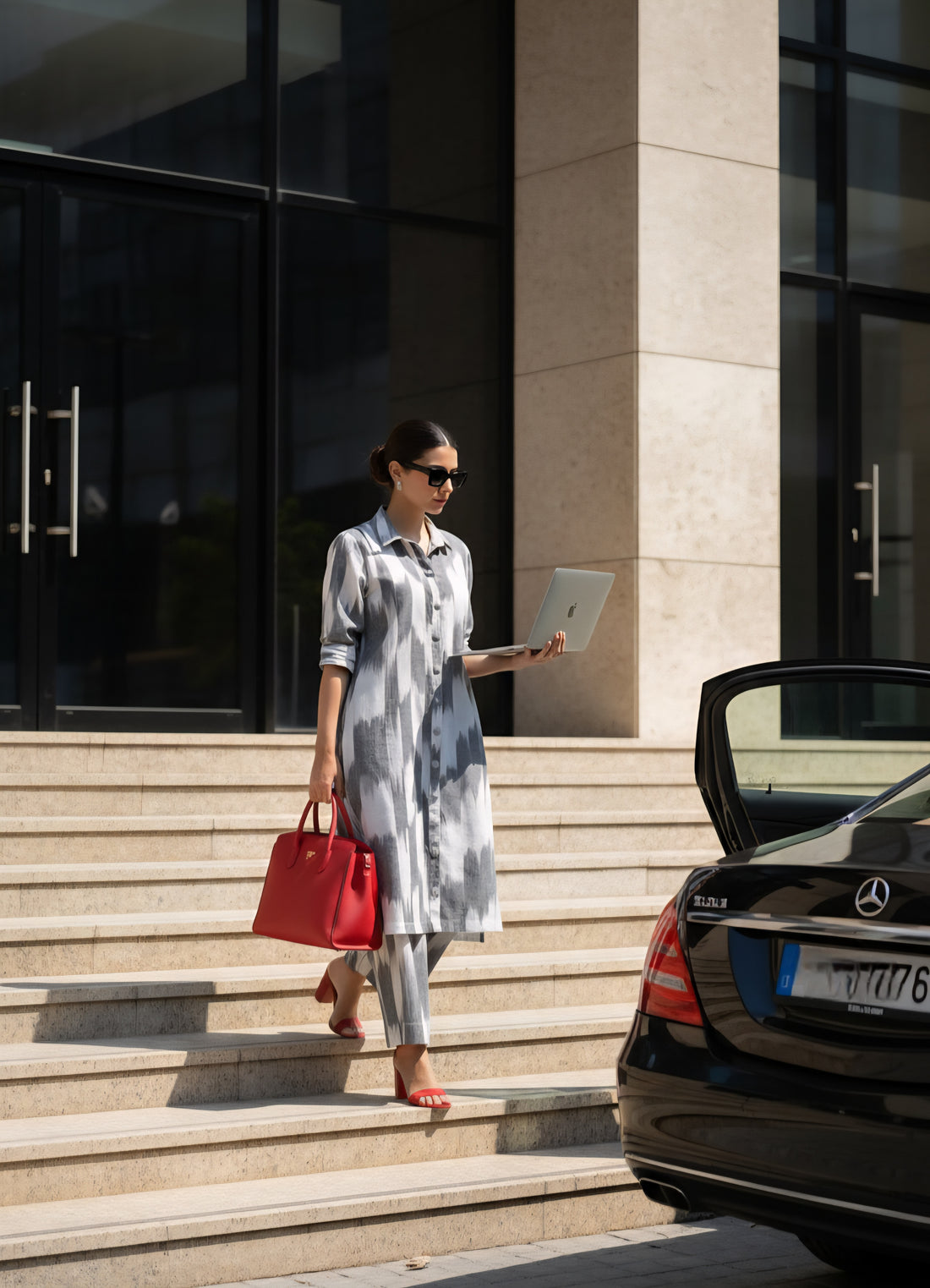 Coord Set Shirt Kurta Hi Low Hem With Pockets And Pants In Cotton White Grey Ikat by Maati Crafts