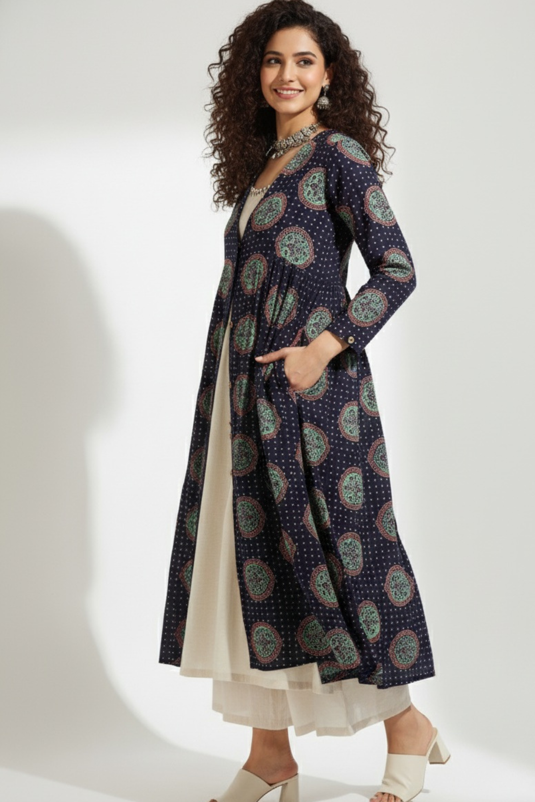 deep v-neck button down jacket with gathers - verdant noir & vintage charisma