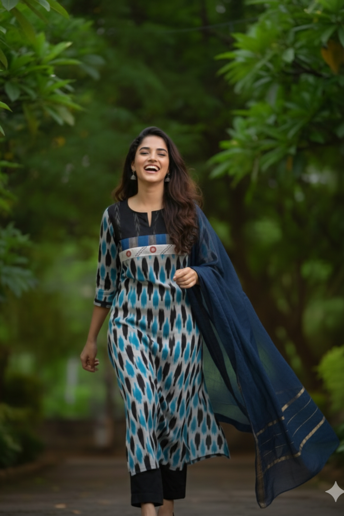 Patchwork Yoke Kurta In Grey Blue Ikat And Blue Jari And Grey South Cotton by Maati Crafts