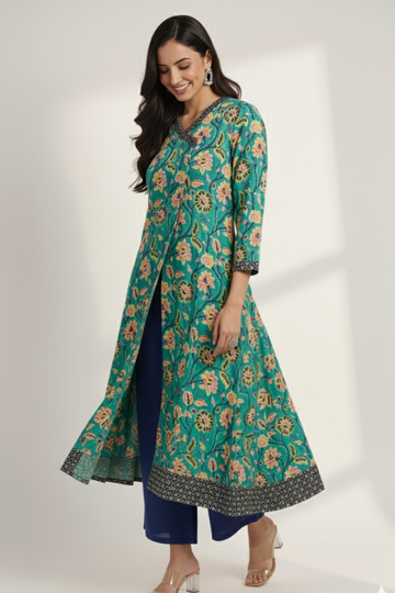 overlap mughal angrakha - aruba blue & sunlight on the garden