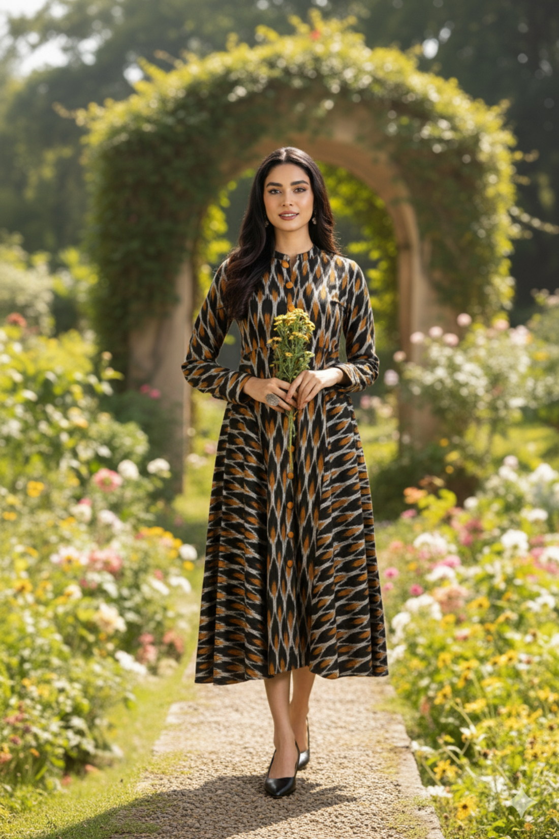 Flared Bias Panel Dress In Black Mustard Red Ikat by Maati Crafts