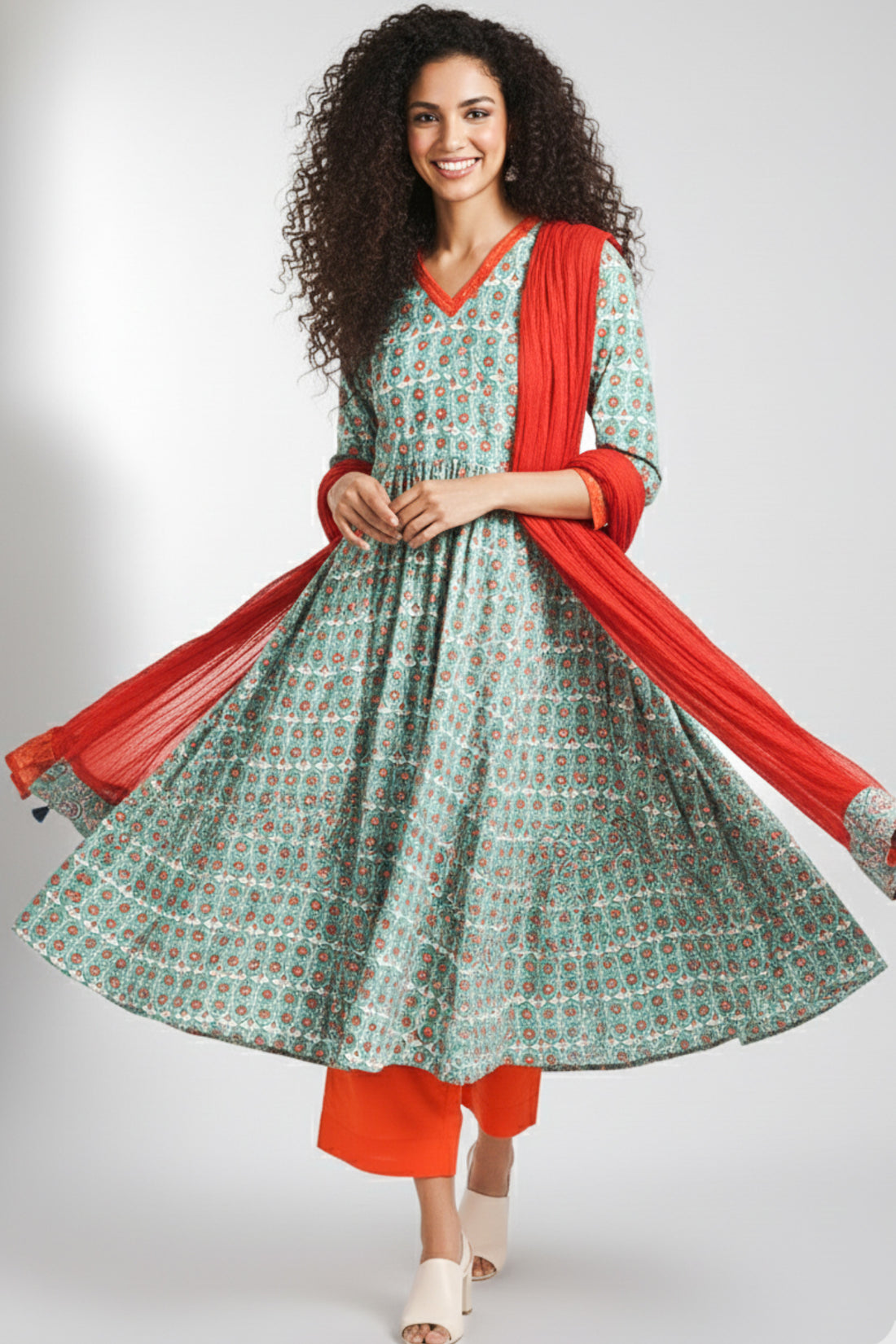 v-neck kali kurta - turkish teal & sunset lotus