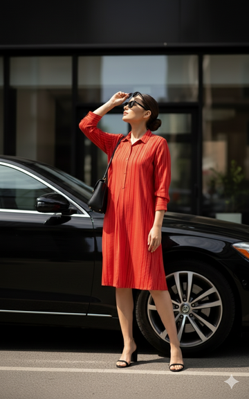 Tunic Kurta Pockets In Orange Stripe Satin   by Maati Crafts