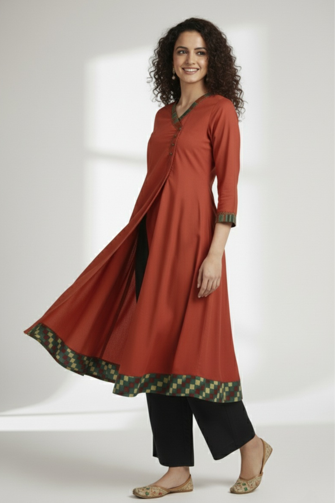 overlap mughal angrakha - orange rust & eucalyptus leaf