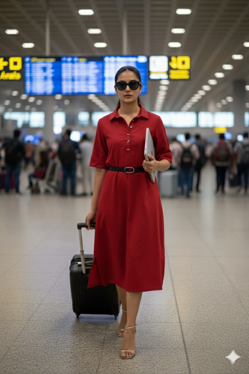 Collar Shirt A-line Dress In Red Cotton  by Maati Crafts
