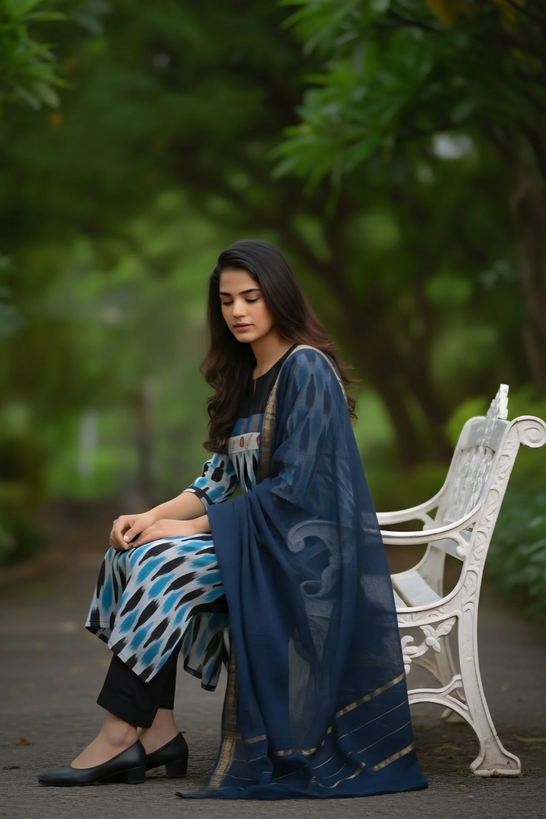 Patchwork Yoke Kurta In Grey Blue Ikat And Blue Jari And Grey South Cotton by Maati Crafts