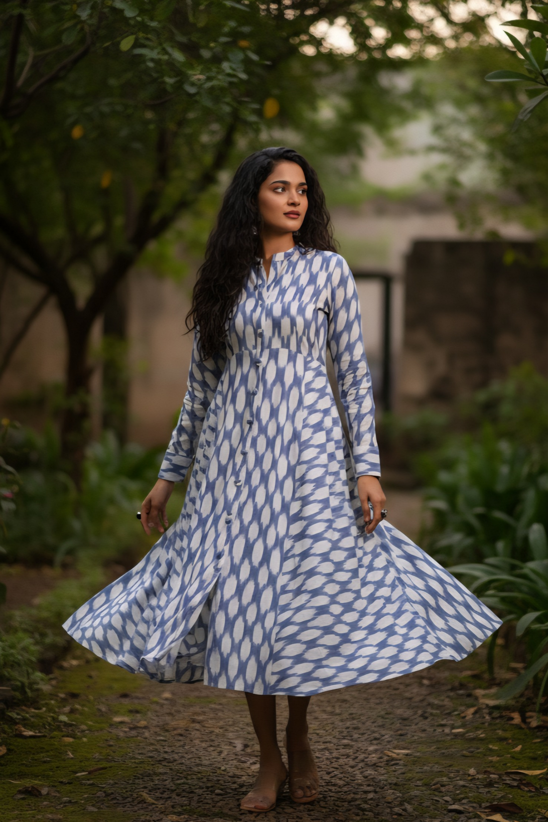 Flared Bias Panel Dress In Blue White Ikat by Maati Crafts