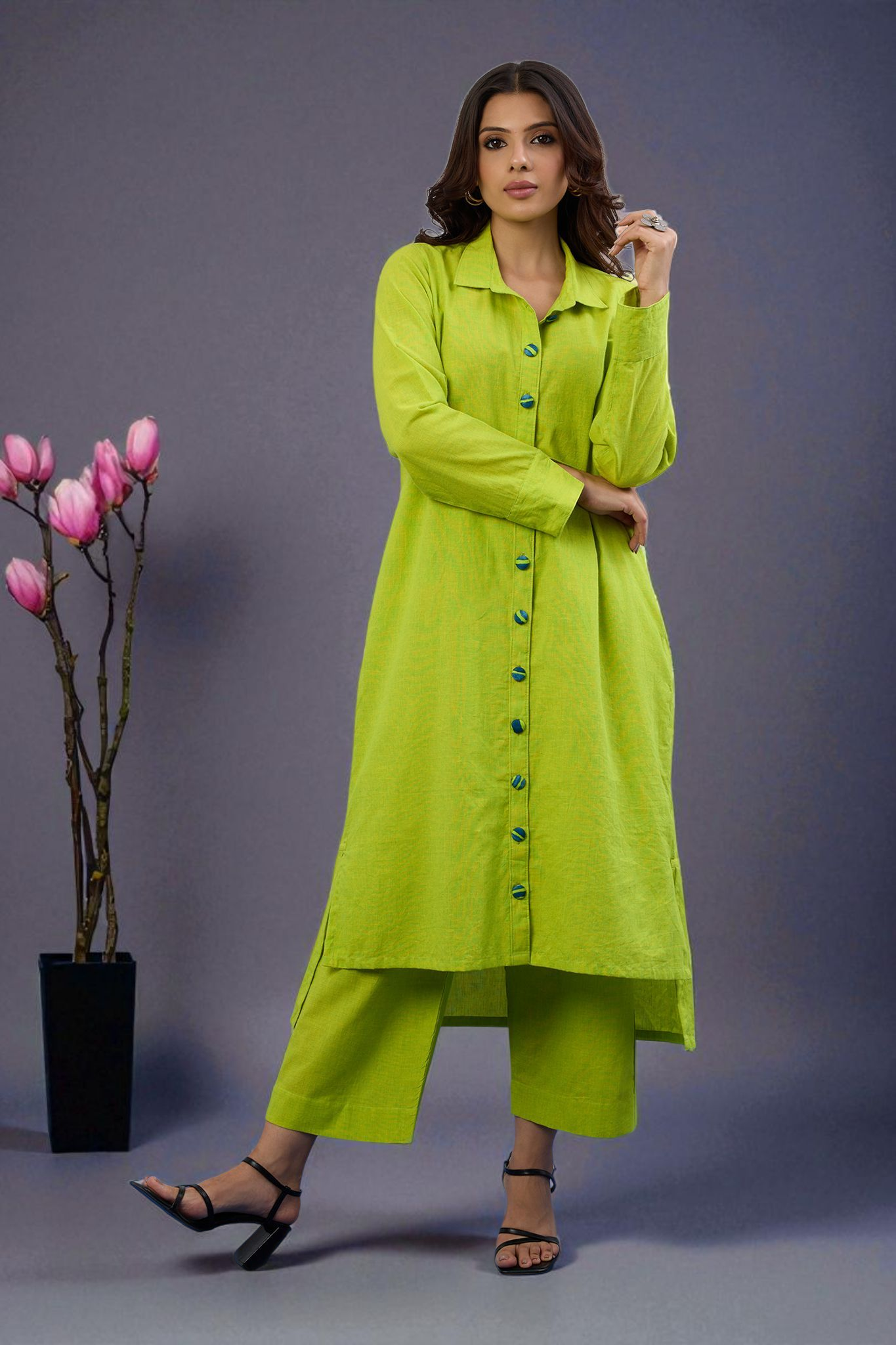 Coord Set Shirt Kurta Hi Low Hem With Pockets And Pants In South Cotton Lime Green by Maati Crafts