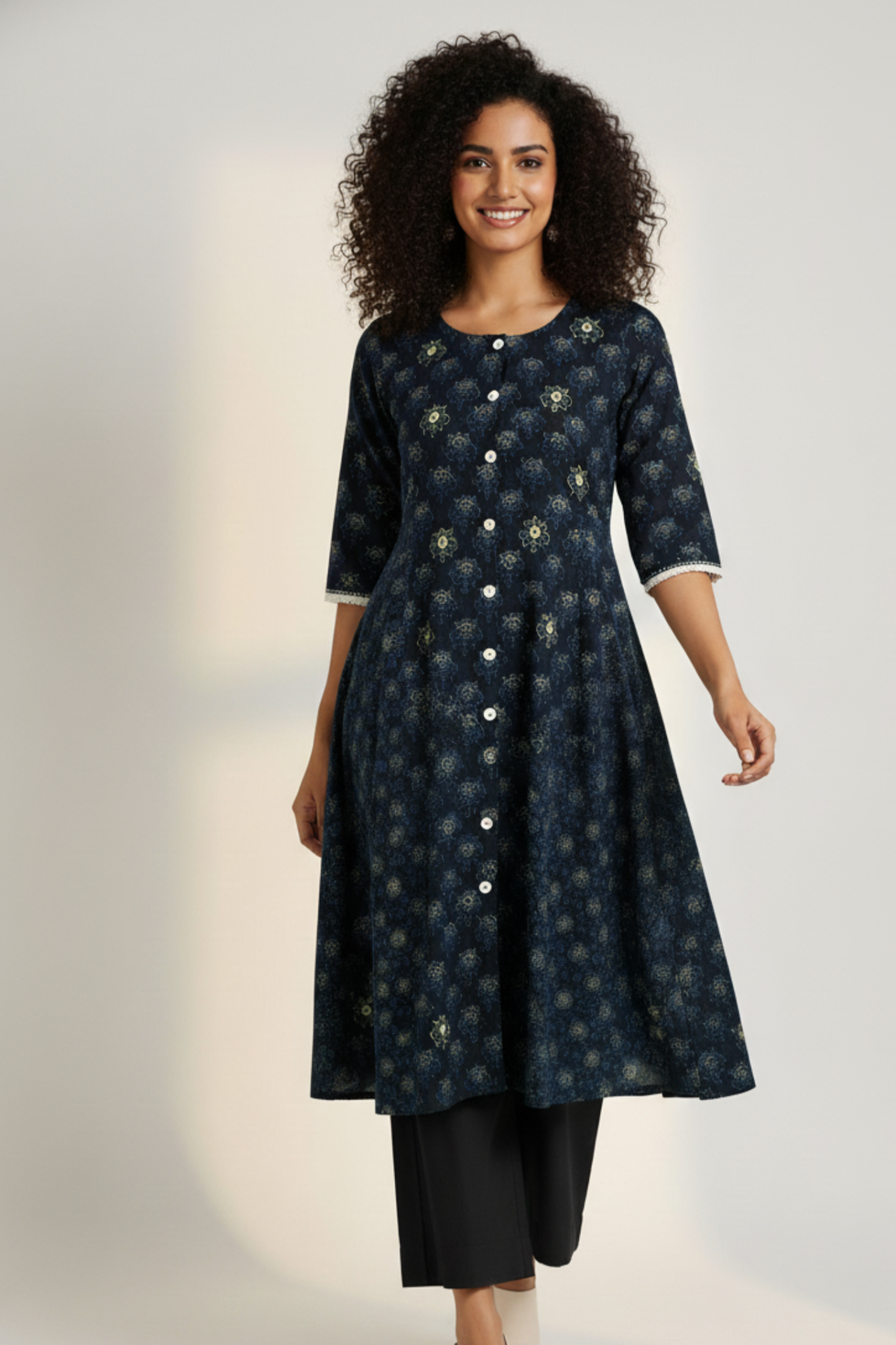 side panel a-line button down kurta - onyx glitter & green daylily