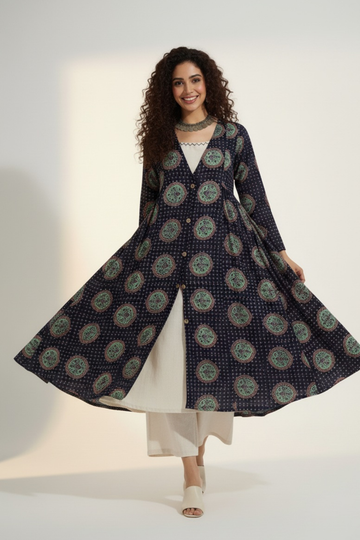 deep v-neck button down jacket with gathers - verdant noir & vintage charisma