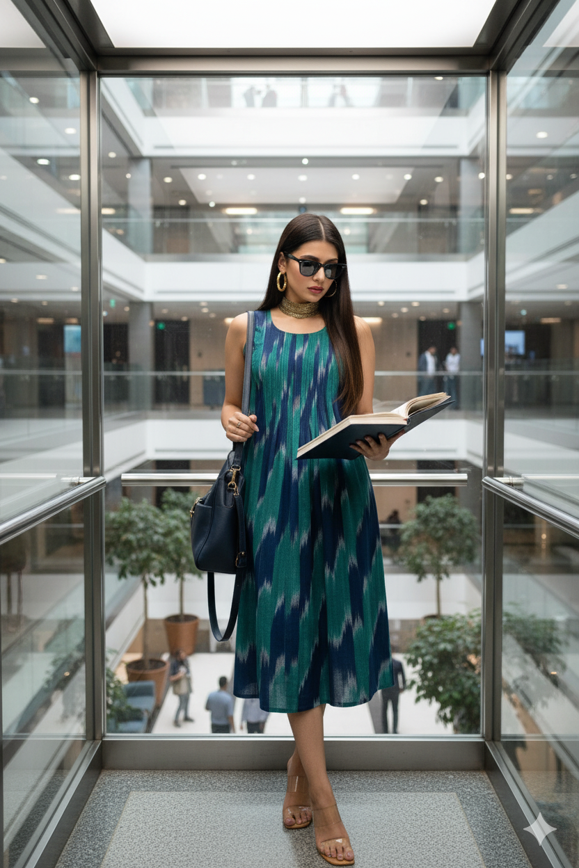 Sleeveless Yoke Pintuck Dress Pockets In Blue Green Ikat  by Maati Crafts