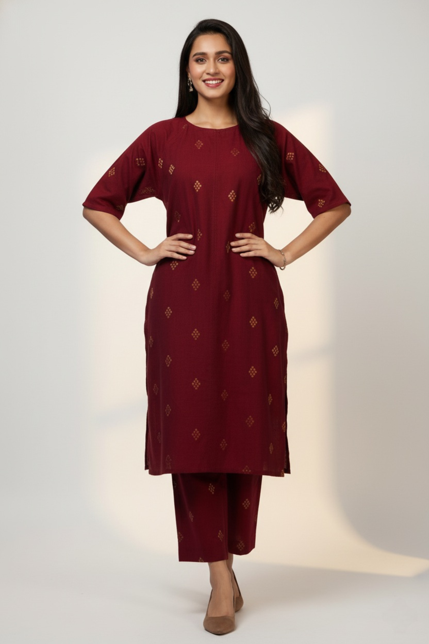 raglan sleeve tunic kurta with pockets - royal garnet and gilded opulence