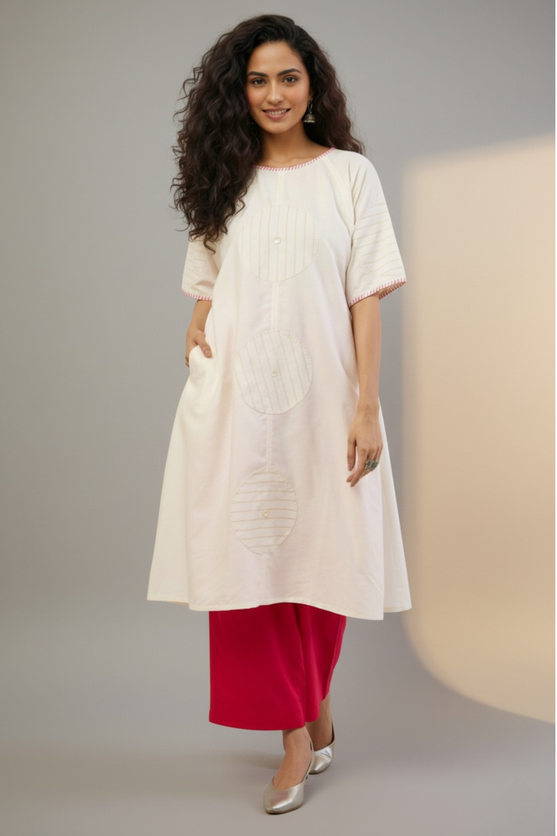 raglan sleeve silk tunic kurta with pockets - ivory mirage & golden halo