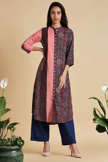 button down kurta - coral haze & riyal
