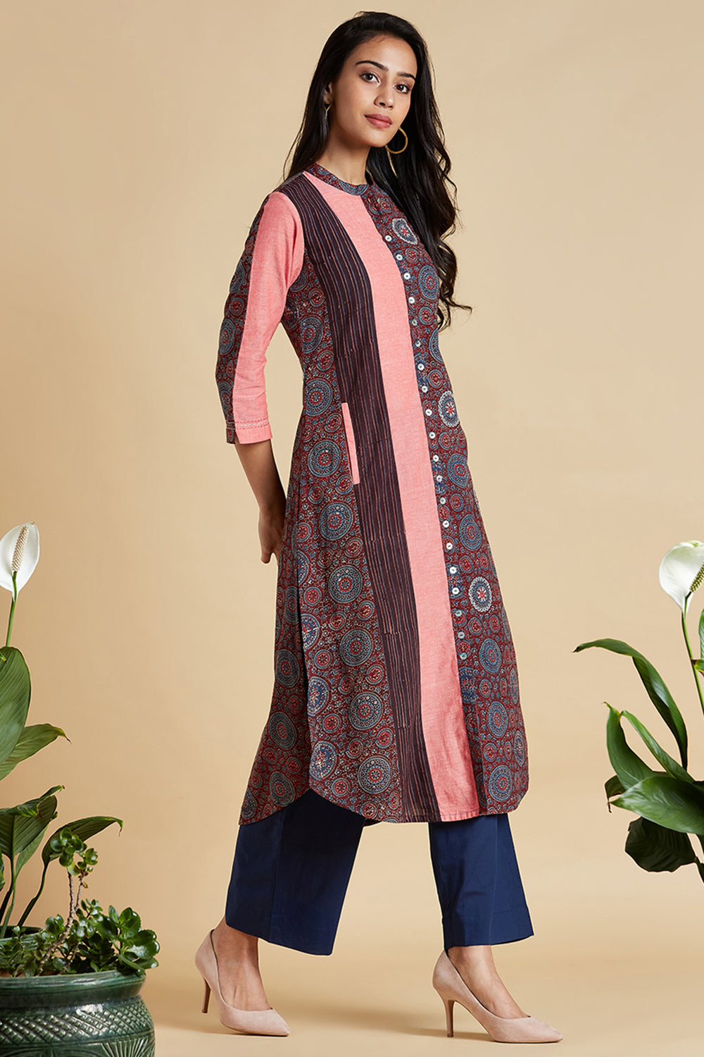 button down kurta - coral haze & riyal