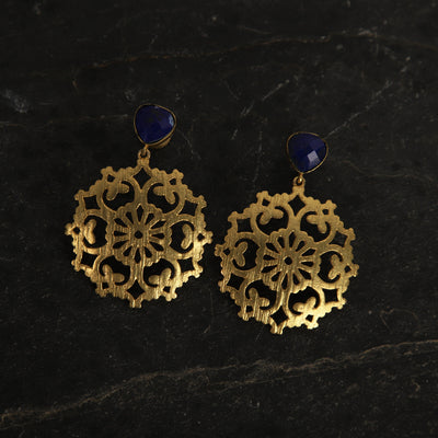 jewelry - berserk - Gold Plated Lapis Carved Drop Danglers