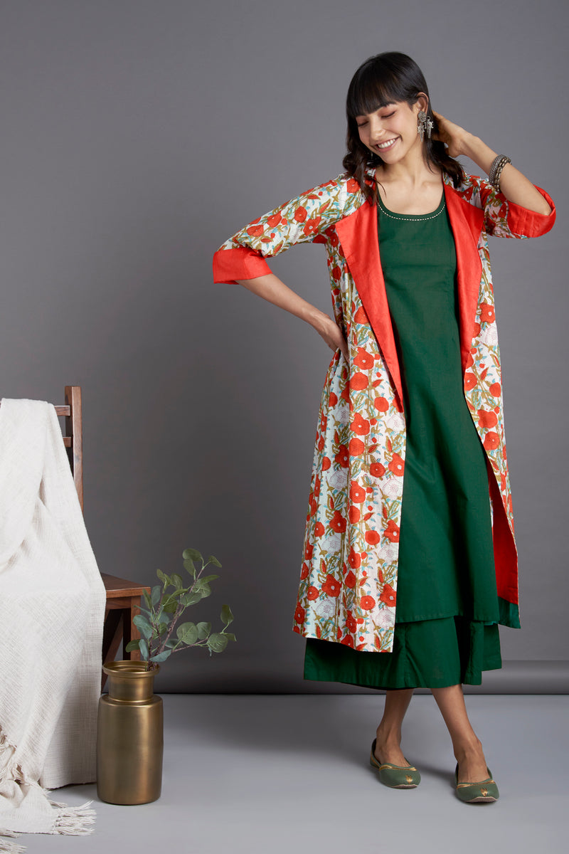White Orange floral jacket with Silk viscose cuff and lapel and green sleeveless Inner and green culotte