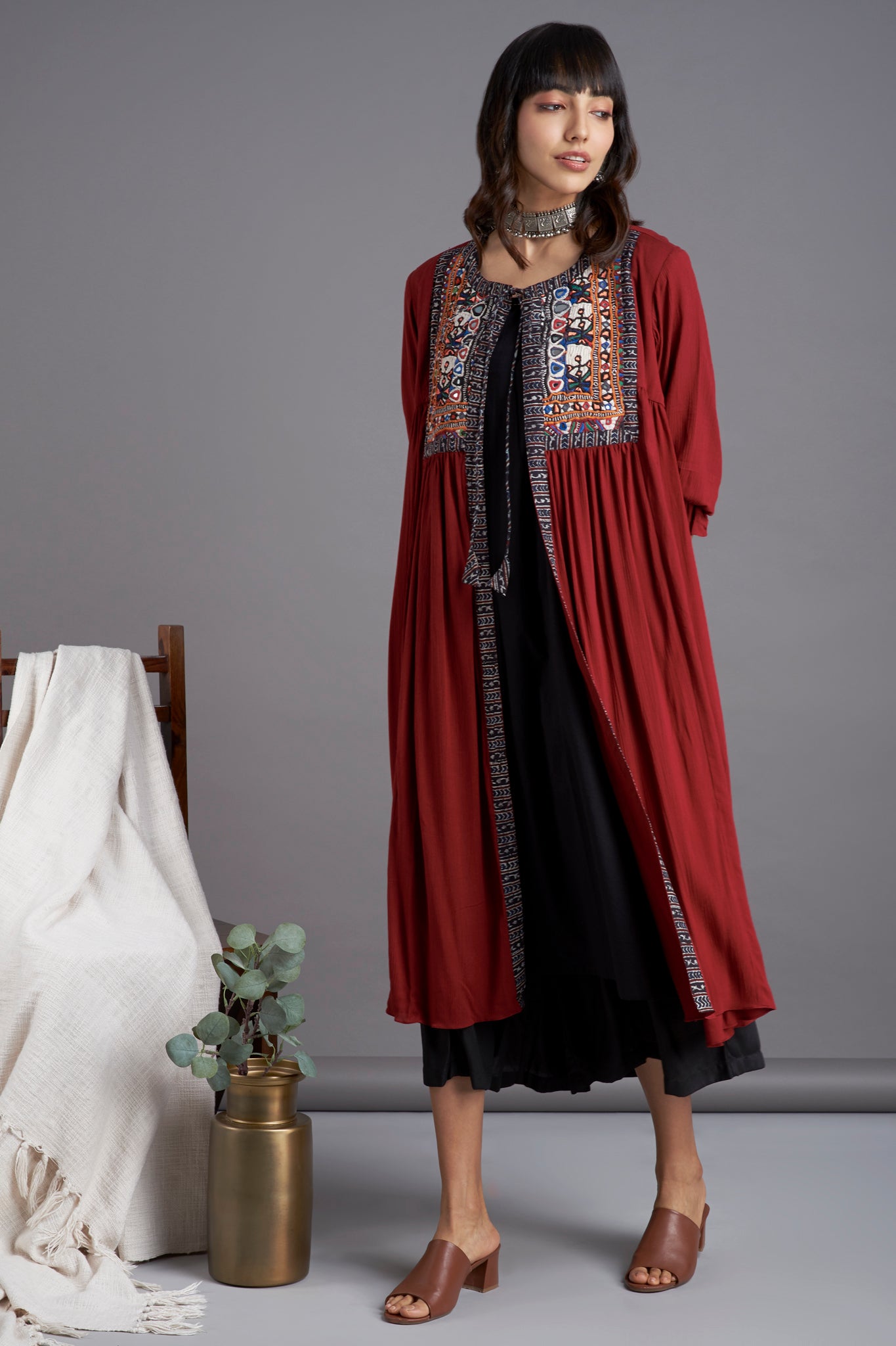 Deep maroon crush cotton gather jacket with Kutchi vintage rabari hand embroirdery yoke with dori and inner black sleeveless and black culotte