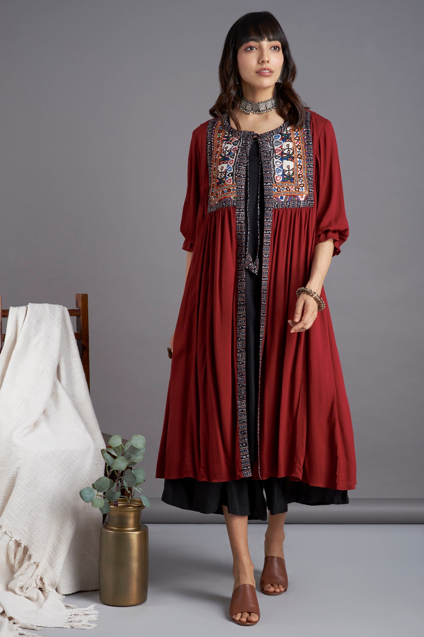 Deep maroon crush cotton gather jacket with Kutchi vintage rabari hand embroirdery yoke with dori and inner black sleeveless and black culotte