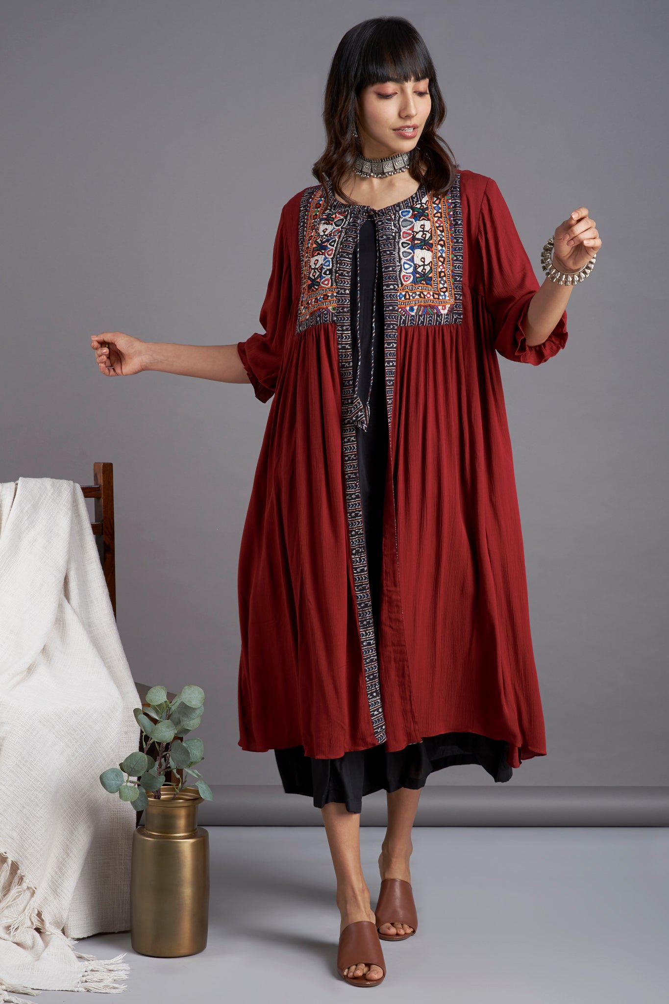 Deep maroon crush cotton gather jacket with Kutchi vintage rabari hand embroirdery yoke with dori and inner black sleeveless and black culotte
