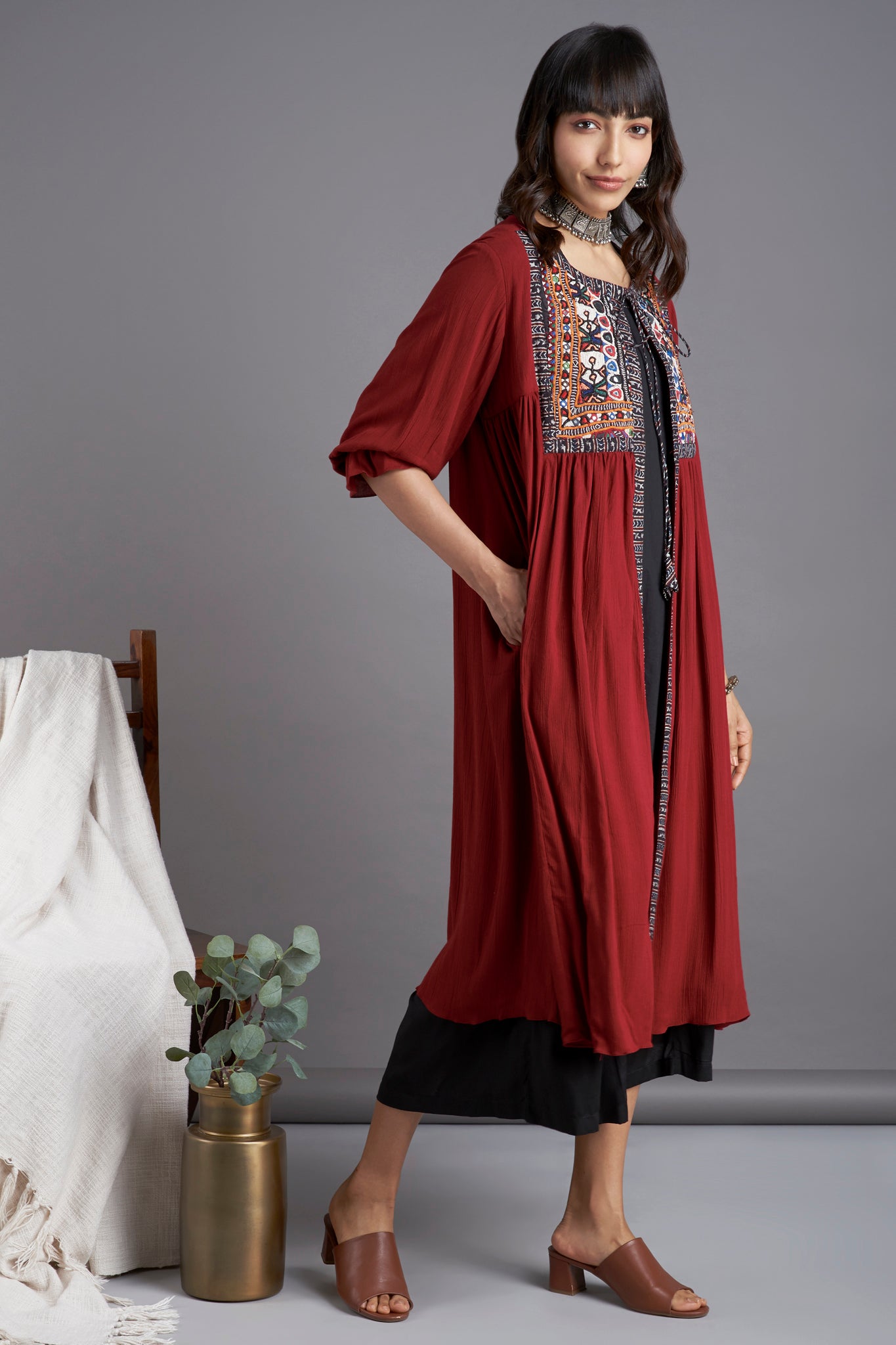 Deep maroon crush cotton gather jacket with Kutchi vintage rabari hand embroirdery yoke with dori and inner black sleeveless and black culotte
